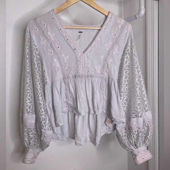 Free People Tops - Free People Boogie All Night Baby Blue Bubble Sleeve Bouse